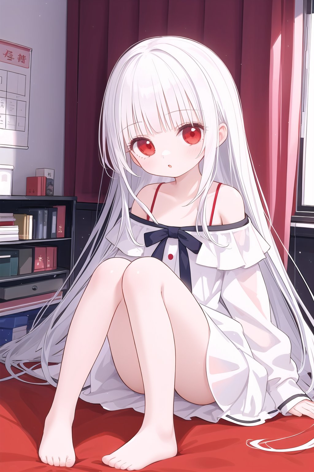 1girl,loli,student,petite,white hair,long hair,straight_hair,otaku room,white-off-shoulder_dress,red eyes,knees_together_feet_apart,