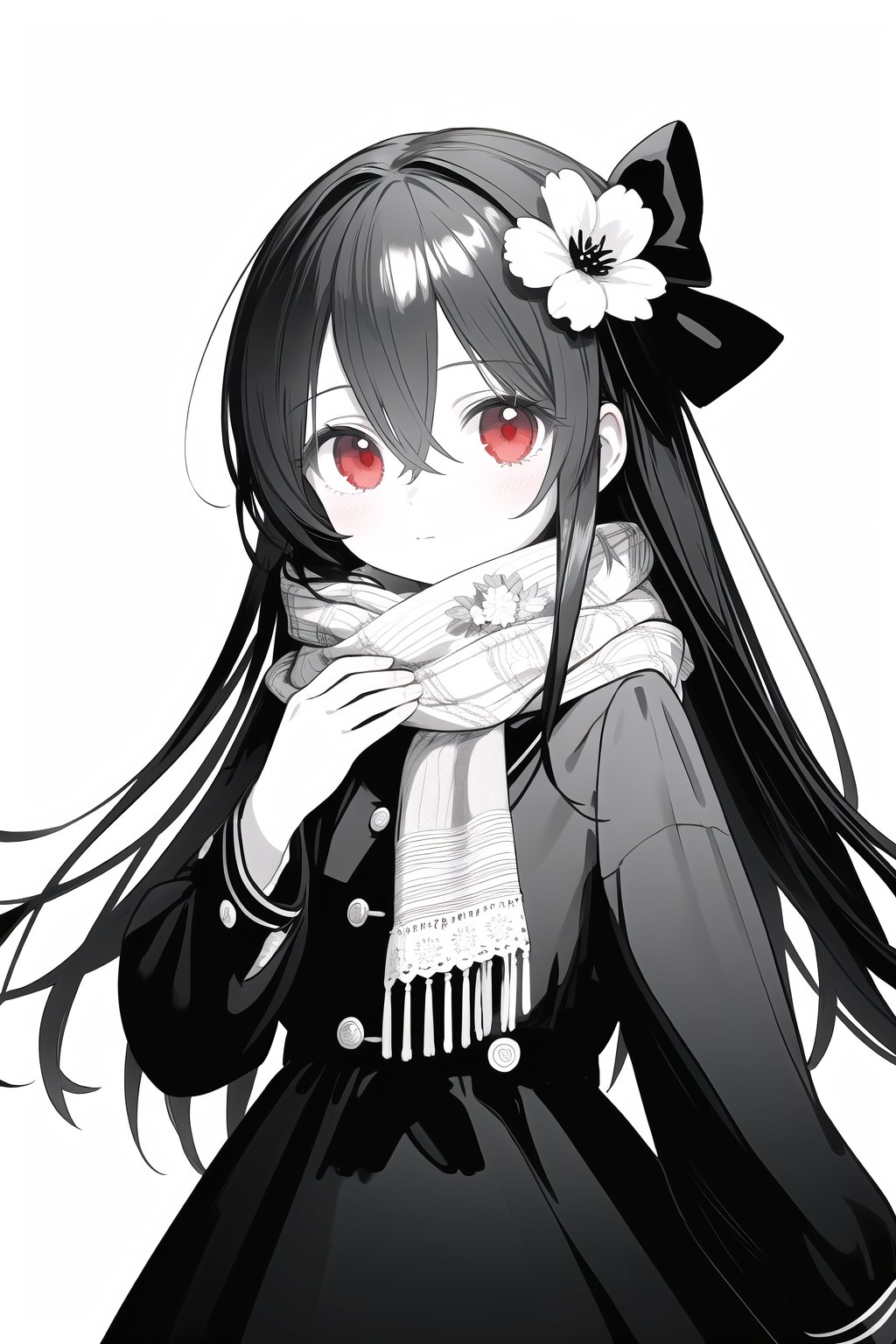 hair flower,flower,1girl,hair between eyes,scarf,closed mouth,simple background,monochrome,dress,bow,red eyes,long hair,cowboy shot,