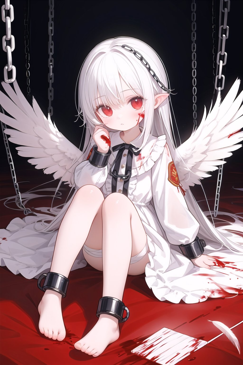 masterpiece,best quality,loli,1girl,solo,wings,blood,long hair,sitting,chain,red eyes,blood on hands,feathered wings,barefoot,blood on face,blood from eyes,dress,long sleeves,cuffs,feathers,frills,looking at viewer,very long hair,white wings,bandages,shackles,bangs,,