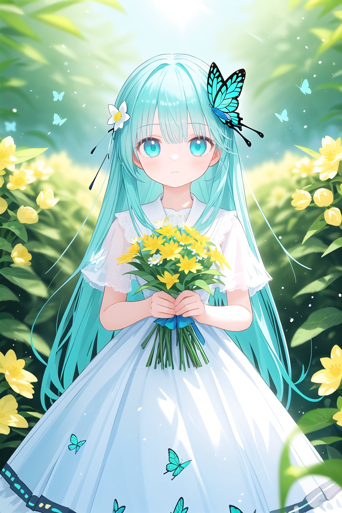 1girl,solo,long hair,looking at viewer,bangs,blue eyes,hair ornament,dress,holding,very long hair,closed mouth,standing,flower,short sleeves,outdoors,day,white dress,blurry,aqua eyes,aqua hair,depth of field,blurry background,sunlight,bug,plant,white flower,butterfly,bouquet,yellow flower,holding flower,butterfly hair ornament,holding bouquet,blue butterfly,gradient eyes,hair_flower,