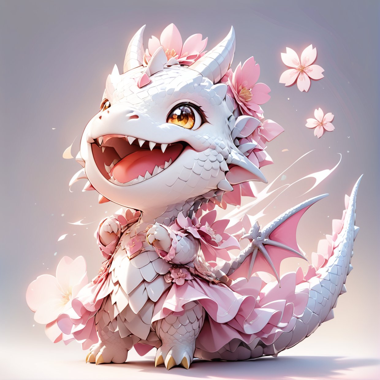  portrait of cute dragon,(dynamic  pose), high quality,(happy atmosphere) ,,smile, , (wind effect), cherry_blossom background,sun light,(full body image:1.5),,,cute dragon,sticker