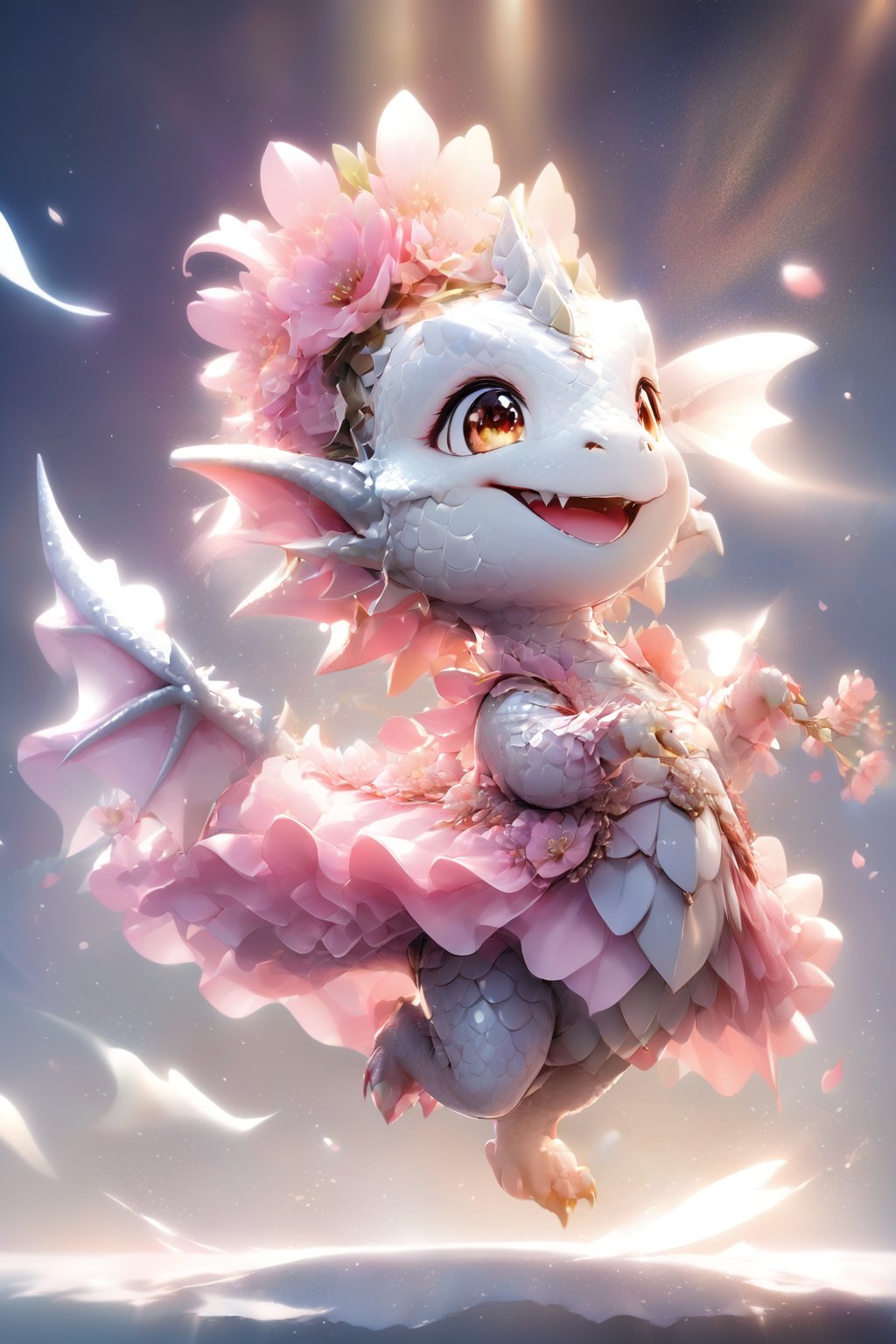  portrait of cute dragon,(dynamic  pose), high quality,(happy atmosphere) ,,smile, , (wind effect), cherry_blossom background,sun light,(full body image:1.5),,