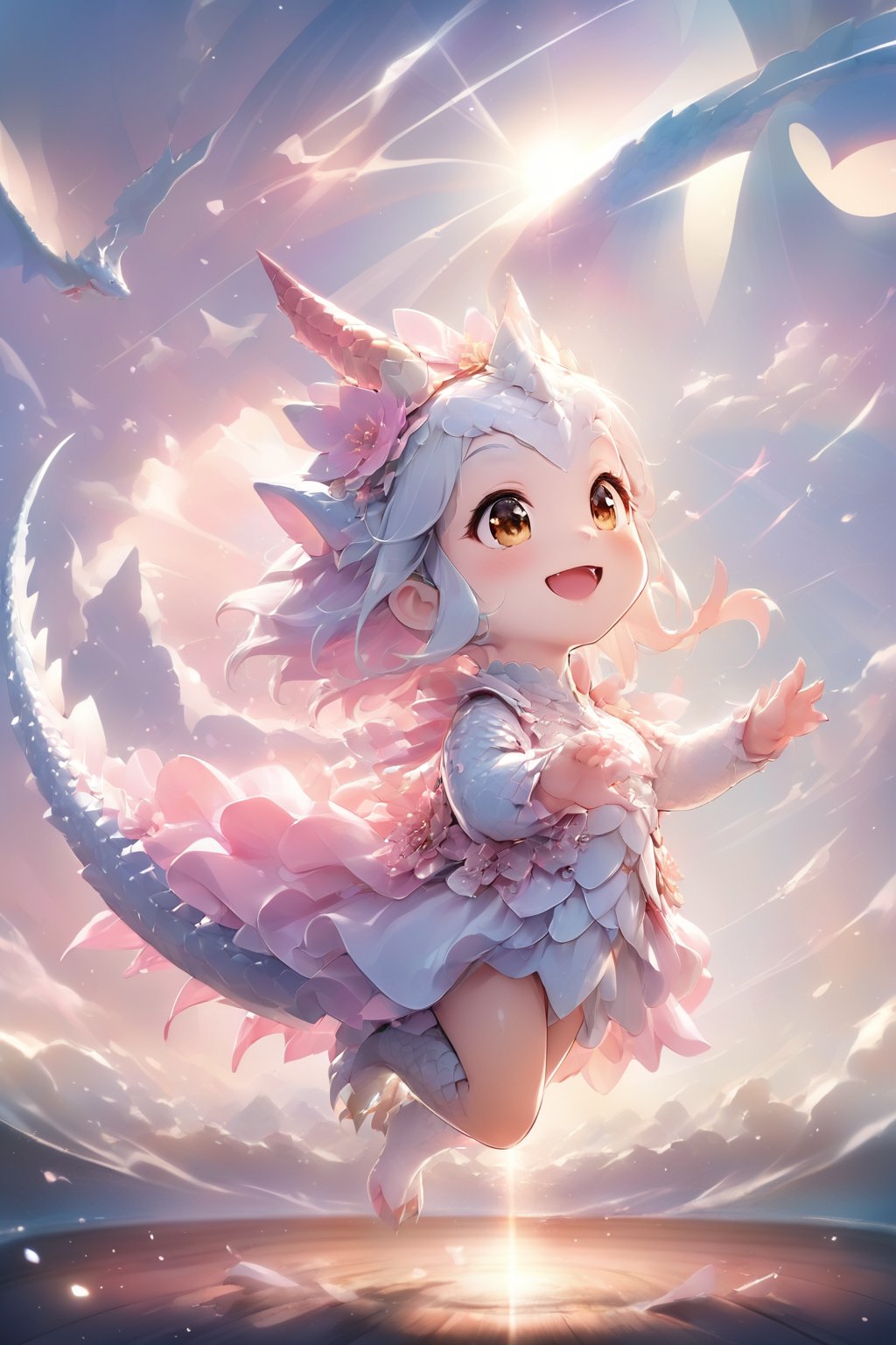  portrait of cute dragon,(dynamic  pose), high quality,(happy atmosphere) ,,smile, , (wind effect), cherry_blossom background,sun light,(full body image:1.5),,