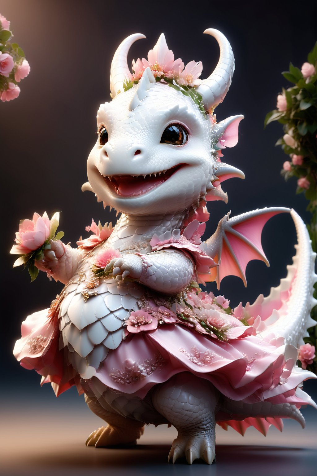 photorealistic portrait of Dressed animals - a fat baby white dragon maid,(dancing pose), high quality,(lovely) ,intricate details, highly detailed pink((princess dress)) ,smile,highly detailed flower decorations, long tail , (happy ), studio lighting,(half body image:1.5),more detail XL,(viewed from side:2.0),cute dragon