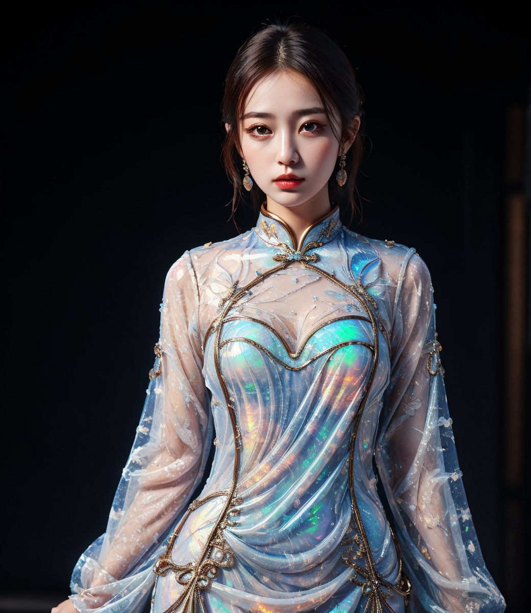 best quality,masterpiece,realistic,1girl,cowboy shot,upper body,liquid,shiny,transparent,ral-opal,colorful,abstract,chinese clothes,<lora:琉璃碎12.0:0.8>,dress,