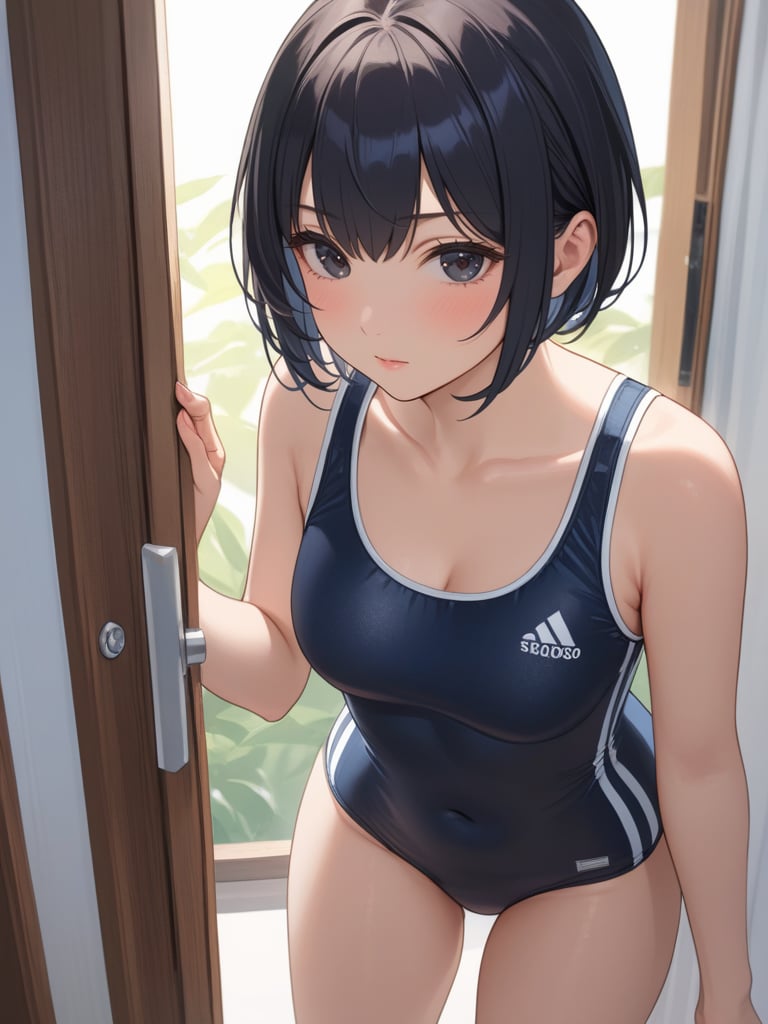 (best quality), ((masterpiece)), (highres), illustration, original, extremely detailed,1girl, swimsuit, school swimsuit, short hair, one-piece swimsuit, solo, black hair, black eyes, shirt