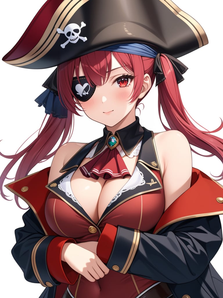 (best quality), ((masterpiece)), (highres), illustration, original, extremely detailed, 1girl, solo, virtual youtuber, breasts, hat, eyepatch, houshou marine, pirate hat, red hair, twintails, large breasts, white background, ascot, looking at viewer, long hair, blush, upper body, simple background, coat, red ascot, arm under breasts, ribbon, hair ribbon, leotard under clothes, jacket, closed mouth, sleeveless, leotard, see-through leotard, black coat, red eyes, covered navel, black headwear, see-through, bangs, cleavage, hair between eyes