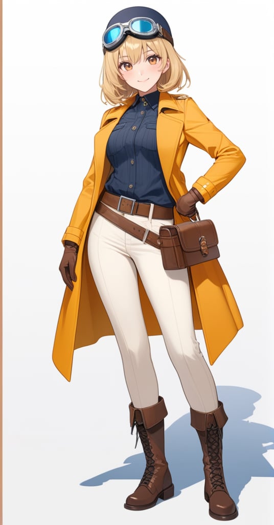 (best quality), ((masterpiece)), (highres), illustration, original, extremely detailed,1girl, solo, gloves, blonde hair, smile, coat, white background, full body, brown footwear, boots, goggles, looking at viewer, standing, brown eyes, hand on hip, closed mouth, simple background, blush, long sleeves, helmet, medium hair, goggles on headwear, belt, pants, hat, brown gloves, pouch