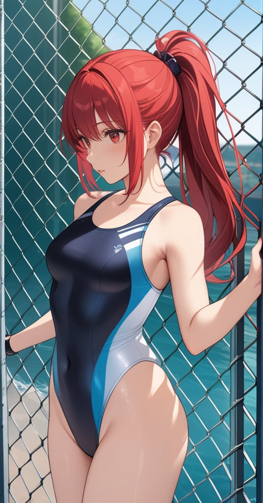 (best quality), ((masterpiece)), (highres), illustration, original, extremely detailed,1girl, competition swimsuit, swimsuit, one-piece swimsuit, red hair, ponytail, red eyes, fence, solo, long hair, chain-link fence