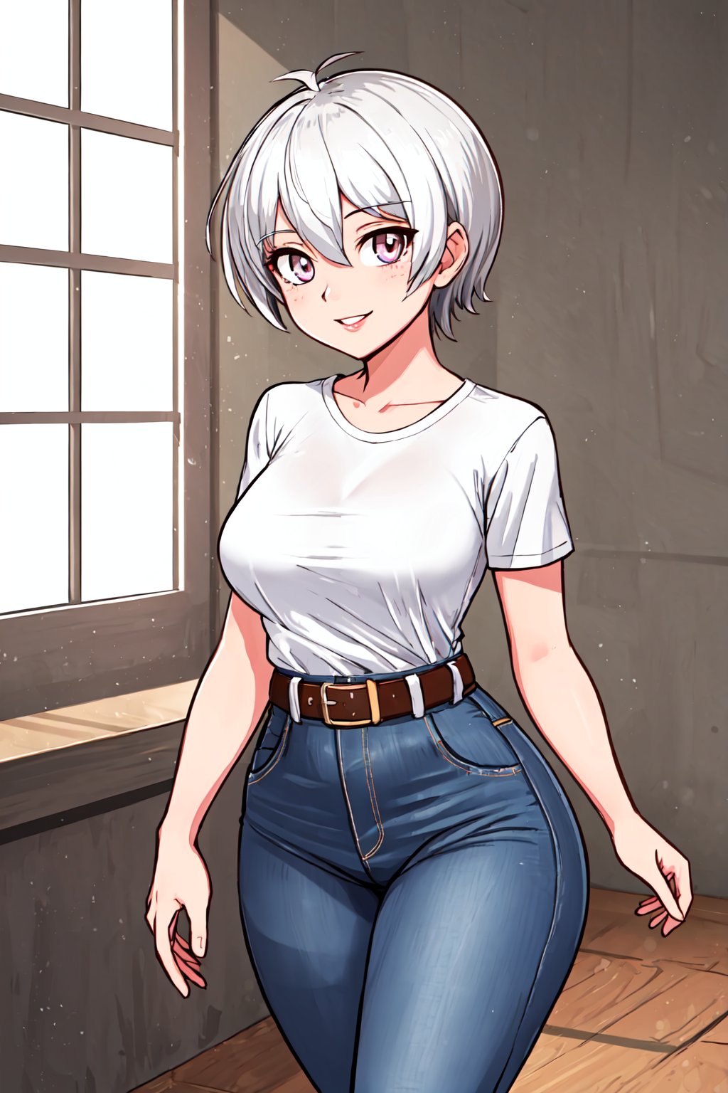 masterpiece, best quality, highly detailed background, perfect lighting, best quality, (extremely detailed face), volumetric lighting, intricate details, shadow, tonemapping, sharp focus, hyper detailed, trending on Artstation, (solo)
BREAK
(Loli, white hair, silver eyes, short hair, hourglass body shape, thick-thighs, wide hips, slender_waist, medium breasts, lips)
BREAK
(white shirt, jeans, belt)
BREAK
(City)
BREAK
(Standing, looking at viewer, light smile, front view)