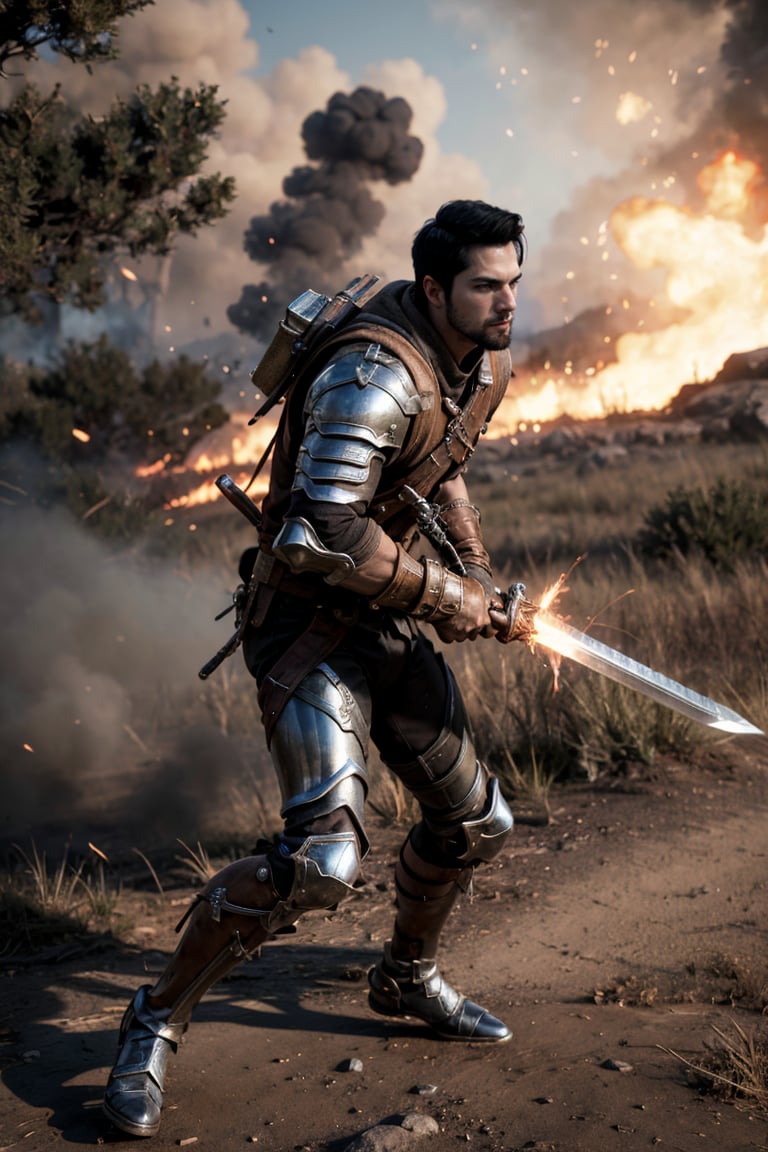 bdo_warrior, realistic image, 1man, full body, front view, holding greatsword, rushing forward, red sparks, short black hair, facial hair, Trailblazer outfit, brown armor, metal gauntlet, background of battlefield, fire and smoke, masterpiece, perfect anatomy, perfect hands, perfect face, detailed face, handsome face, 8k, best quality, detailed image, photographic image