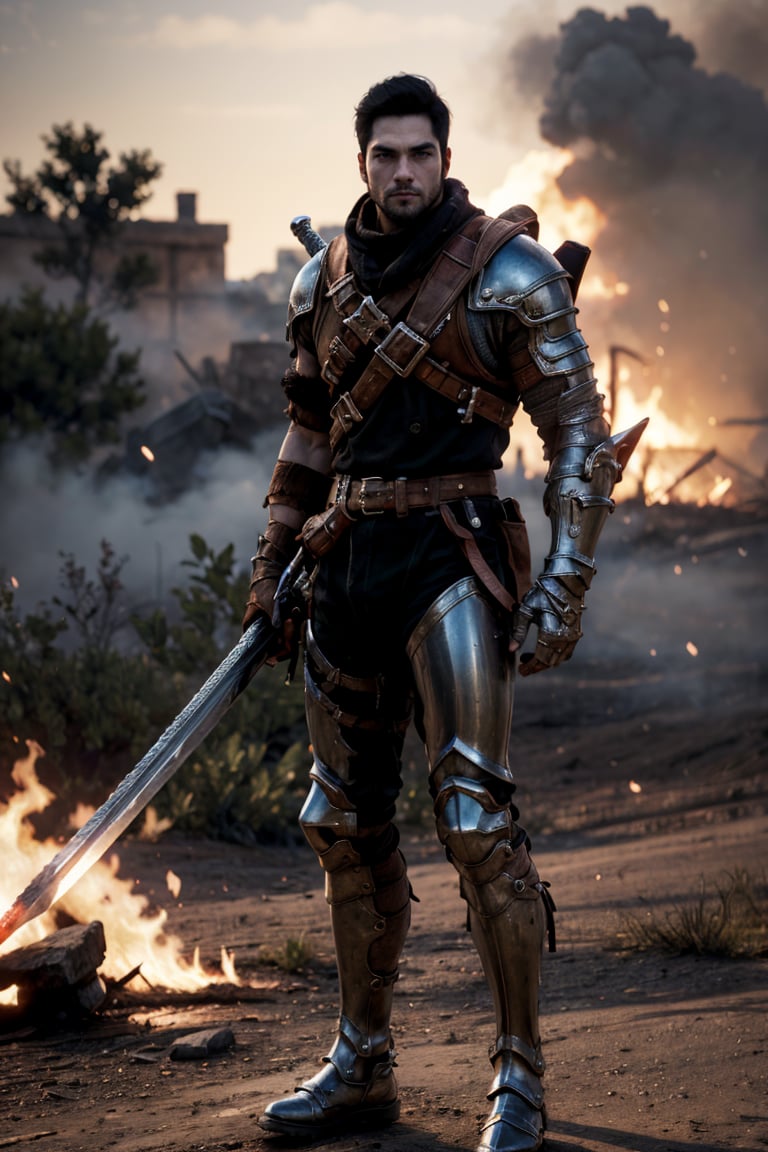 bdo_warrior, realistic image, 1man, full body, front view, stab forward with greatsword, black and red energy, short black hair, facial hair, Trailblazer outfit, brown armor, metal gauntlet and leather glove, background of battlefield, fire and smoke, masterpiece, perfect anatomy, perfect hands, perfect face, detailed face, handsome face, 8k, best quality, detailed image, photographic image