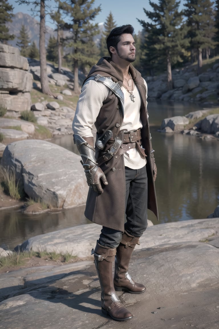 bdo_warrior, game screenshot, 1man, full body, right side view, short black hair, facial hair, brown coat, white shirt, brown gloves, belt, sheathed dagger, necklace, boots, background of a spring with rocks and trees, masterpiece, perfect anatomy, perfect hands, perfect face, detailed face, handsome face, 8k, best quality, detailed image, manly, mature