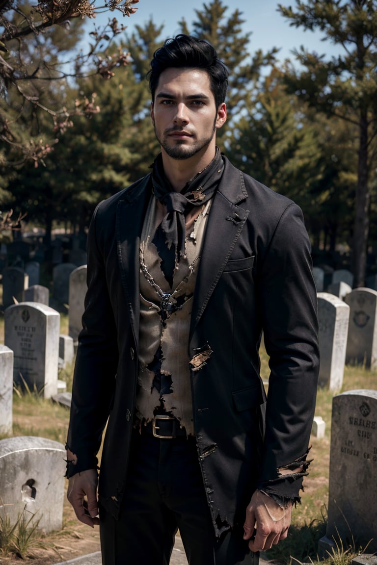 bdo_warrior, realistic image, 1man, upper body, front view, looking at viewer, short black hair, facial hair, red eyes, halloween outfit, black jacket, black pants, torn clothes, background of graveyard with headstones, masterpiece, perfect anatomy, perfect hands, perfect face, detailed face, handsome face, 8k, best quality, detailed image, photographic image