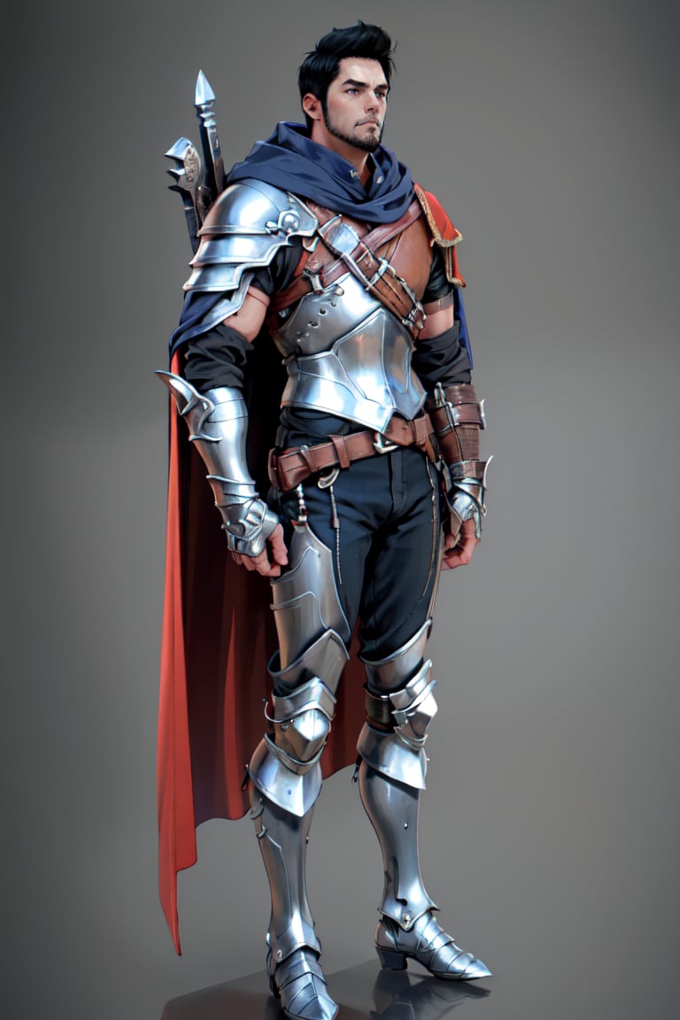 bdo_warrior, anime image, 1man, full body, left side view, looking at viewer, short black hair, facial hair, red eyes, Trailblazer outfit, brown armor, metal gauntlet, blue cape, lion head pauldron, metal boots, grey background, masterpiece, perfect anatomy, perfect hands, perfect face, detailed face, handsome face, 8k, best quality, detailed image