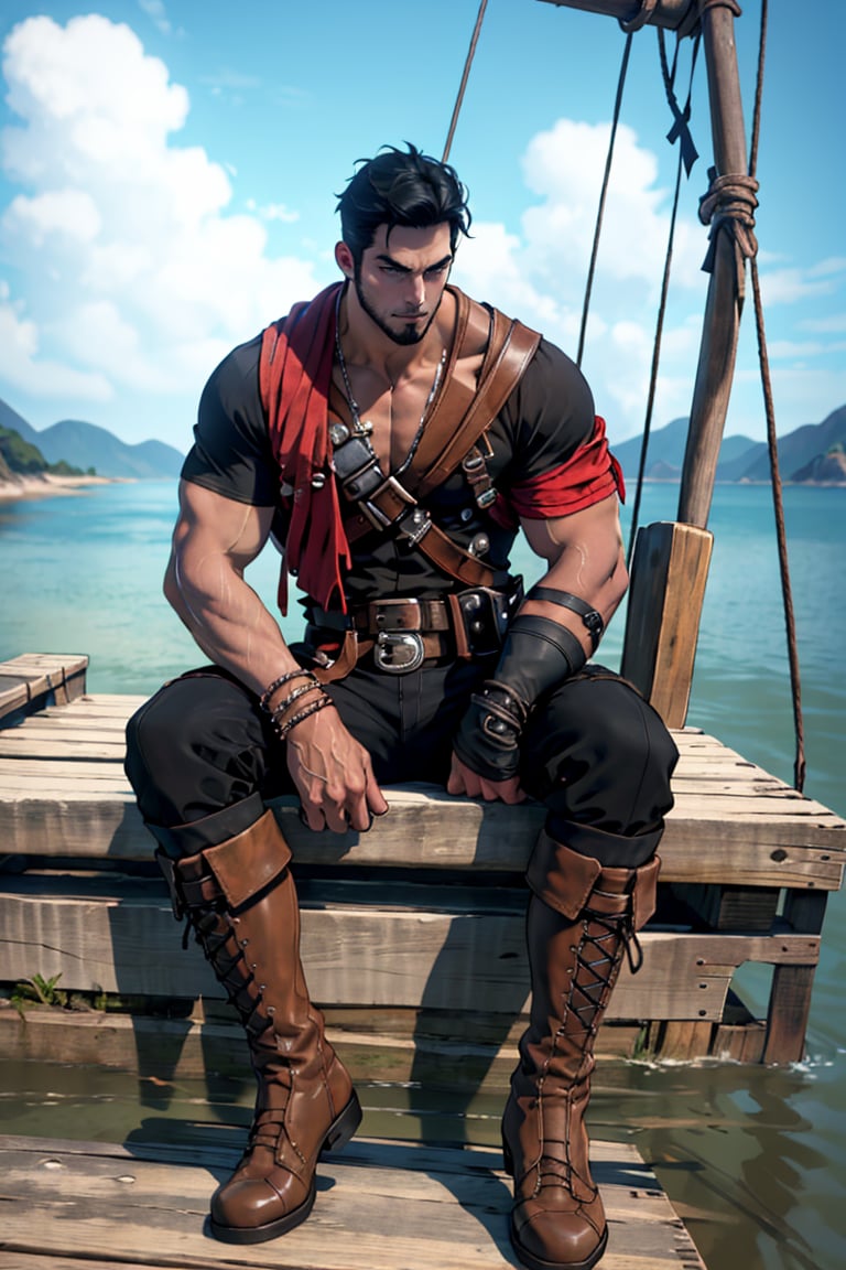 bdo_warrior, anime image, 1man, full body, front view, sitting on chair, short black hair, facial hair, pirate outfit, belt over chest, bare chest, black pants, black boots, red armband, bracelets, on a boat in the ocean, masterpiece, perfect anatomy, perfect hands, perfect face, detailed face, handsome face, 8k, best quality, detailed image