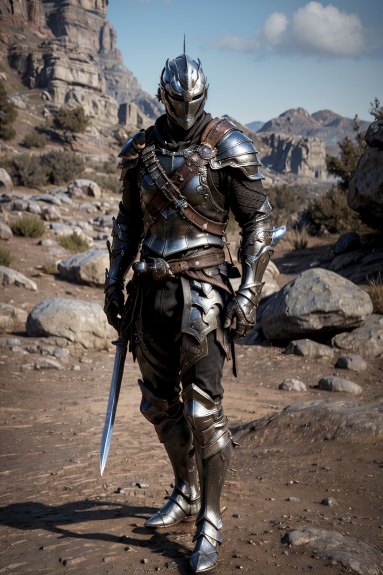 bdo_warrior, realistic image, 1man, full body, front view, Goyen armor, holding greatsword, full armor, helmet, background of dirt and rocks, masterpiece, perfect anatomy, perfect hands, perfect face, detailed face, handsome face, 8k, best quality, detailed image, photographic image