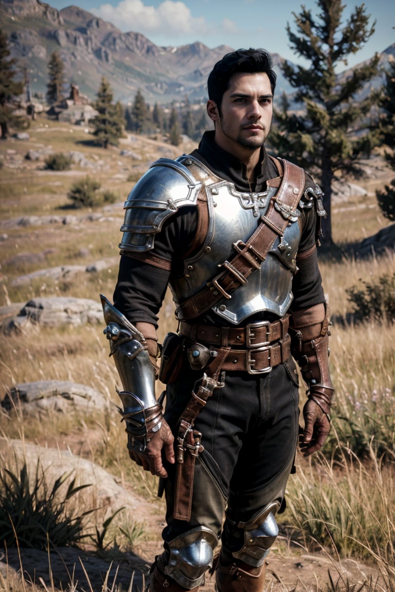 bdo_warrior, realistic image, 1man, full body, top-down view, lying on back, arms behind head, short black hair, facial hair, Trailblazer outfit, brown armor, belt over chest, metal gauntlet and leather glove, grass, masterpiece, perfect anatomy, perfect hands, perfect face, detailed face, handsome face, 8k, best quality, detailed image, photographic image