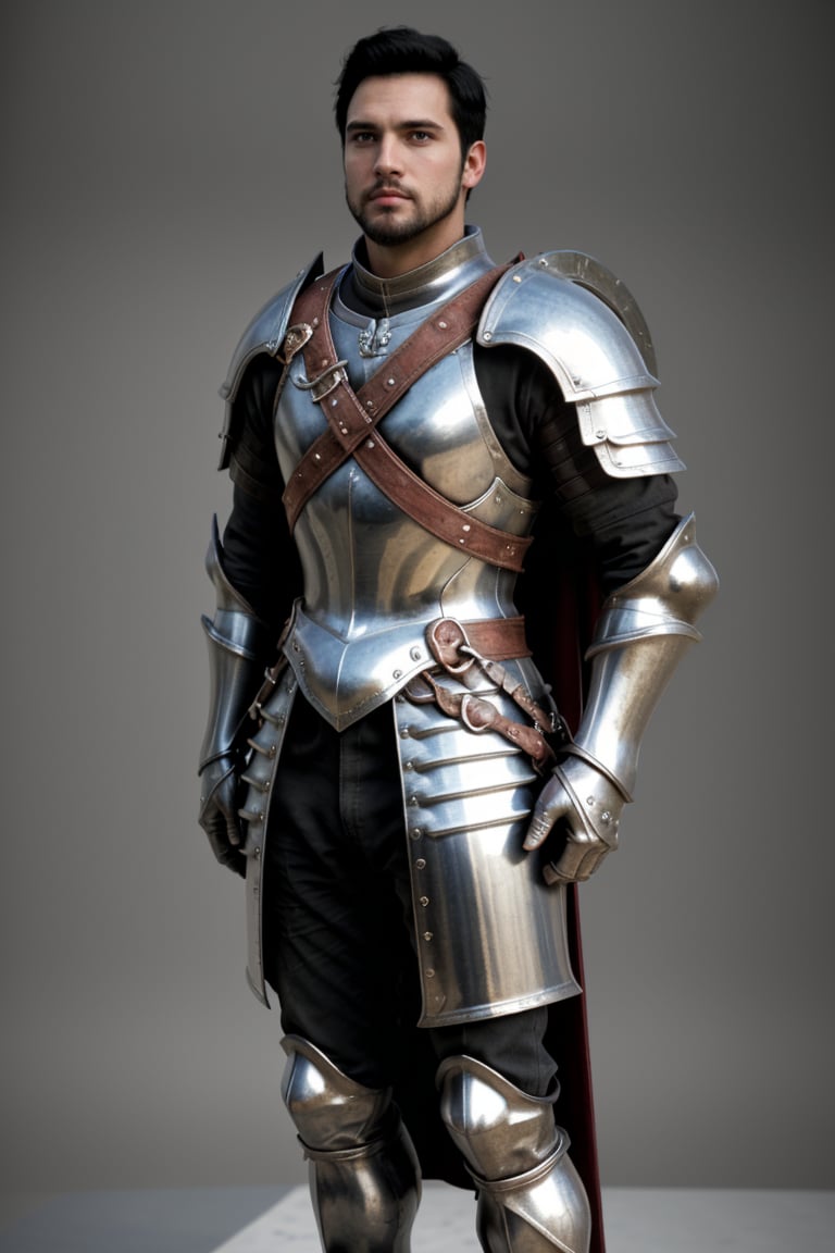 bdo_warrior, realistic image, 1man, full body, front view, looking at viewer, short black hair, facial hair, knight armor, breastplate, gauntlets, pauldrons, greaves, chainmail, sword and shield on back, grey background, masterpiece, perfect anatomy, perfect hands, perfect face, detailed face, handsome face, 8k, best quality, detailed image