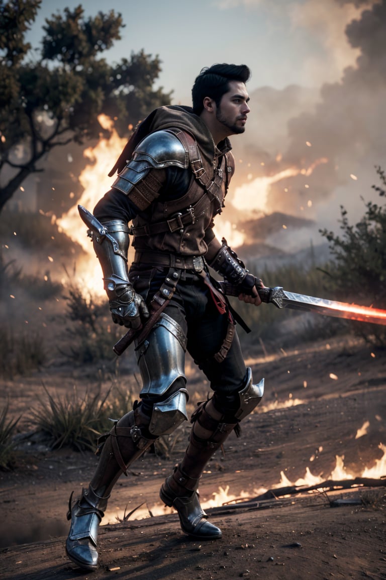 bdo_warrior, realistic image, 1man, full body, right side view, running and slashing greatsword, black and red energy, short black hair, facial hair, Trailblazer outfit, brown armor, metal gauntlet and leather glove, background of battlefield, fire and smoke, masterpiece, perfect anatomy, perfect hands, perfect face, detailed face, handsome face, 8k, best quality, detailed image, photographic image