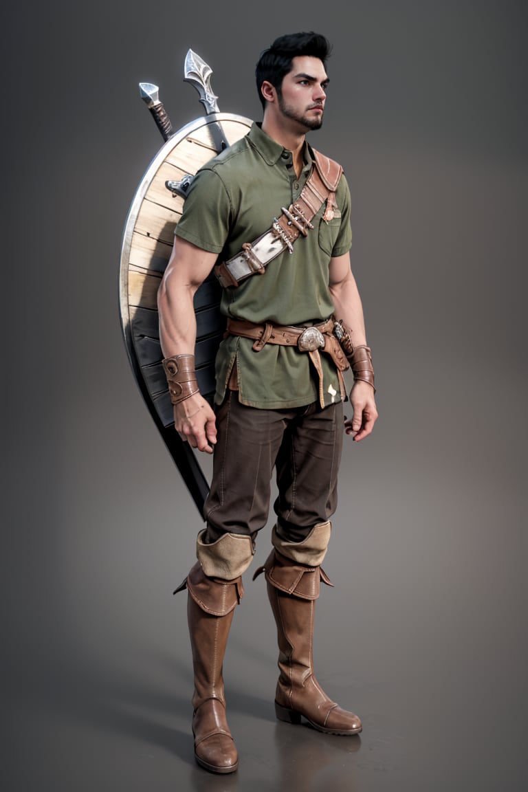 bdo_warrior, game screenshot, 1man, full body, left side view, short black hair, facial hair, green shirt, brown pants, brown boots, sword and shield on back, grey background, masterpiece, perfect anatomy, perfect hands, perfect face, detailed face, handsome face, 8k, best quality, detailed image