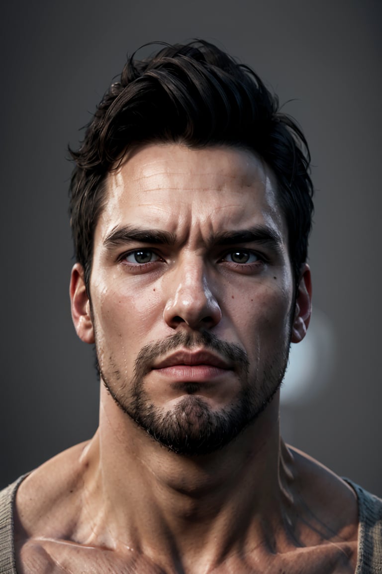 bdo_warrior, game screenshot, 1man, portrait, front view, looking at viewer, short black hair, facial hair, thick eyebrows, red eyes, grey background, masterpiece, perfect anatomy, perfect face, detailed face, handsome face, 8k, best quality, detailed image, photographic image