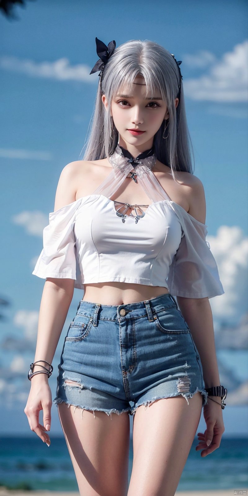  cowboy shot, Blue sky, white clouds, ocean,nai3, 1girl, shorts, solo, crop top, black shorts, choker, navel, shirt, midriff, crop top overhang, looking at viewer, white shirt, jewelry, breasts, bare shoulders, short shorts, off-shoulder shirt, off shoulder, black choker, thighs, stomach, hand on own thigh, long hair, bracelet, short sleeves, ribbon, hand up, collarbone, hair ribbon, medium breasts, standing, high-waist shorts, dolphin shorts, bra strap, , hair ornament, thigh gap, necklace, expressionless, , ,kind smile, , xiaoyixian,white_hair,Dynamic pose