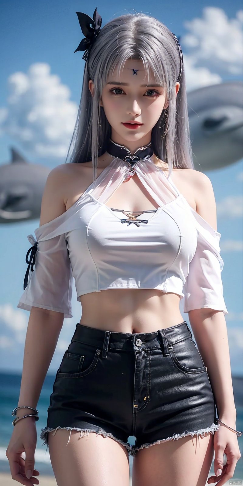  cowboy shot, Blue sky, white clouds, ocean,nai3, 1girl, shorts, solo, crop top, black shorts, choker, navel, shirt, midriff, crop top overhang, looking at viewer, white shirt, jewelry, breasts, bare shoulders, short shorts, off-shoulder shirt, off shoulder, black choker, thighs, stomach, hand on own thigh, long hair, bracelet, short sleeves, ribbon, hand up, collarbone, hair ribbon, medium breasts, standing, high-waist shorts, dolphin shorts, bra strap, , hair ornament, thigh gap, necklace, expressionless, , ,kind smile, , xiaoyixian,white_hair,Dynamic pose