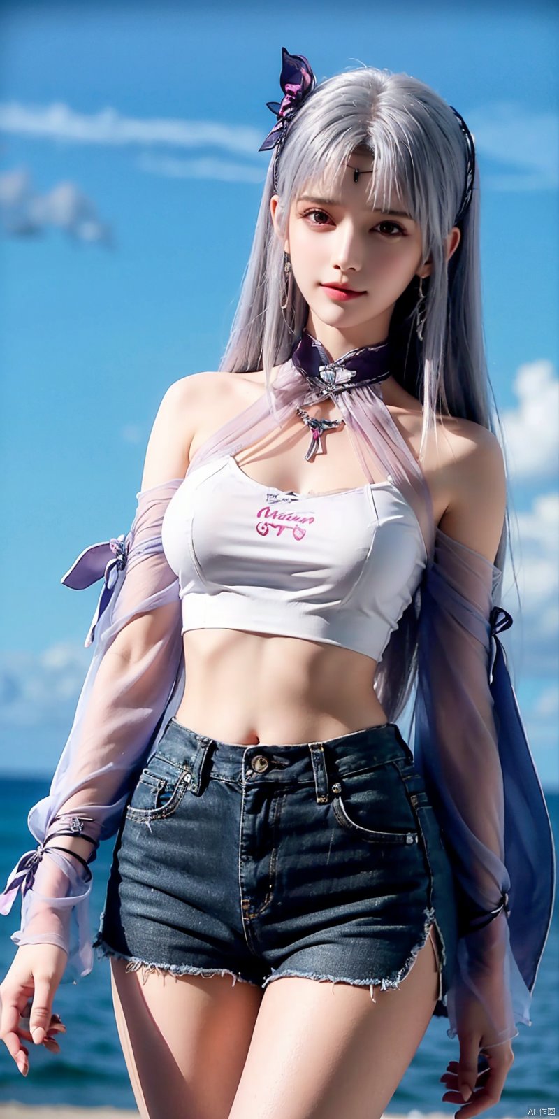  cowboy shot, Blue sky, white clouds, ocean,nai3, 1girl, shorts, solo, crop top, black shorts, choker, navel, shirt, midriff, crop top overhang, looking at viewer, white shirt, jewelry, breasts, bare shoulders, short shorts, off-shoulder shirt, off shoulder, black choker, thighs, stomach, hand on own thigh, long hair, bracelet, short sleeves, ribbon, hand up, collarbone, hair ribbon, medium breasts, standing, high-waist shorts, dolphin shorts, bra strap, , hair ornament, thigh gap, necklace, expressionless, , ,kind smile, , xiaoyixian,white_hair