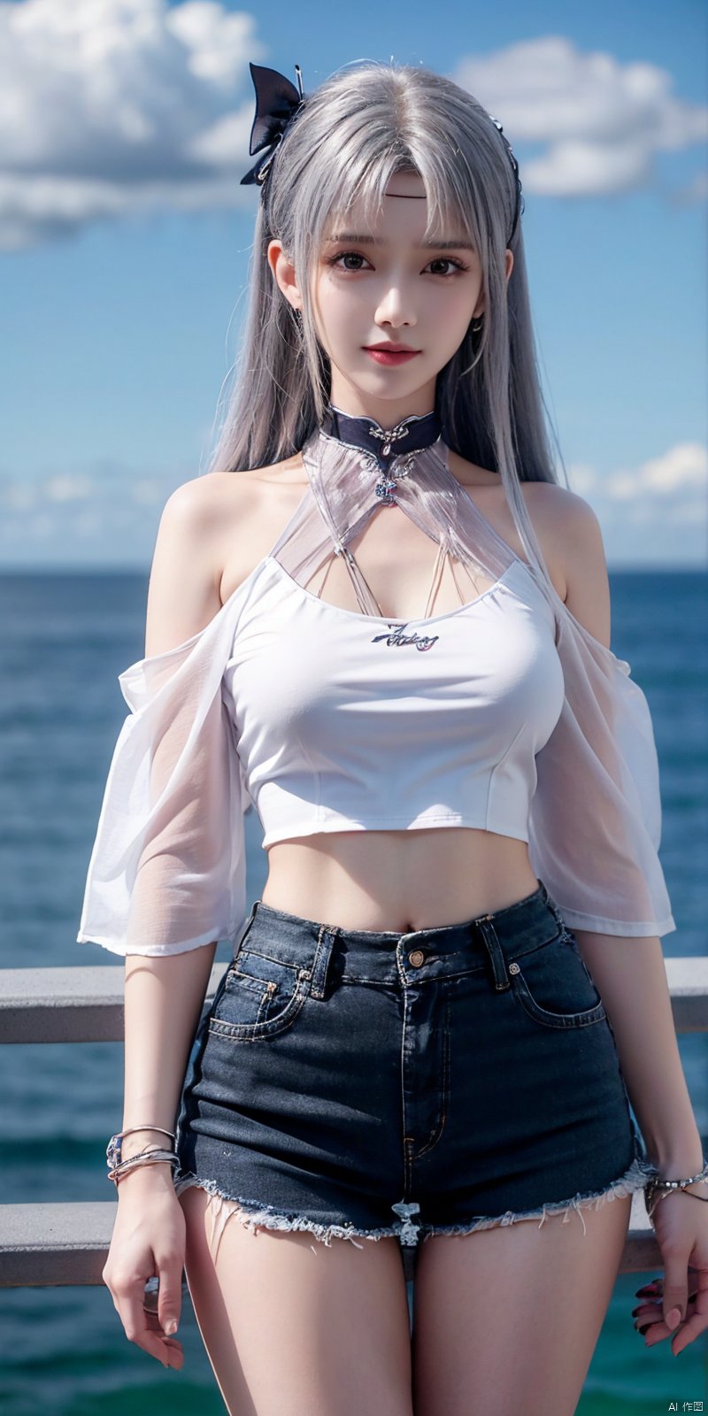  cowboy shot, Blue sky, white clouds, ocean,nai3, 1girl, shorts, solo, crop top, black shorts, choker, navel, shirt, midriff, crop top overhang, looking at viewer, white shirt, jewelry, breasts, bare shoulders, short shorts, off-shoulder shirt, off shoulder, black choker, thighs, stomach, hand on own thigh, long hair, bracelet, short sleeves, ribbon, hand up, collarbone, hair ribbon, medium breasts, standing, high-waist shorts, dolphin shorts, bra strap, , hair ornament, thigh gap, necklace, expressionless, , ,kind smile, , xiaoyixian,white_hair