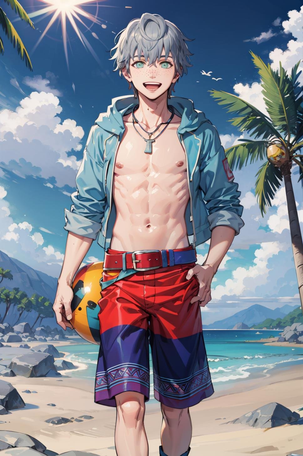 masterpiece, beach, palm trees, sky, 1boy, cowboy shot, standing, solo, looking at viewer, smile, open mouth, freckles, <lora:AsheFE:0.85> sumAshe, navel, necklace, blue jacket, open clothes, male swimwear, swim trunks, belt, hood, sandals