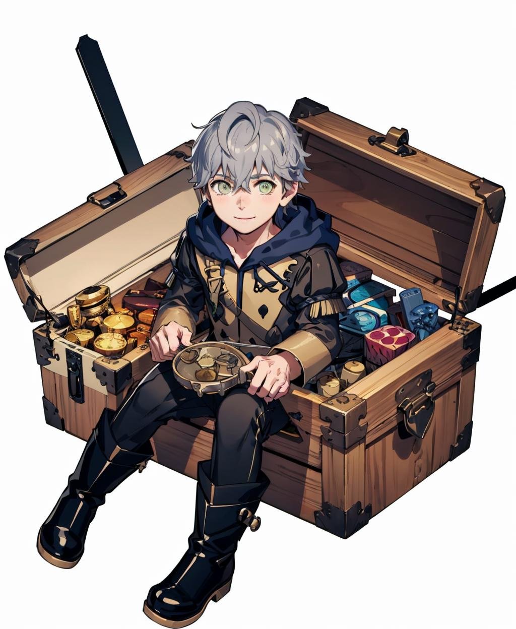 white background, chibi, 1boy, full body, solo, smile, treasure chest, lockpicking, <lora:AsheFE-bsinky-v1:0.9> defAshe, garreg mach monastery uniform, boots