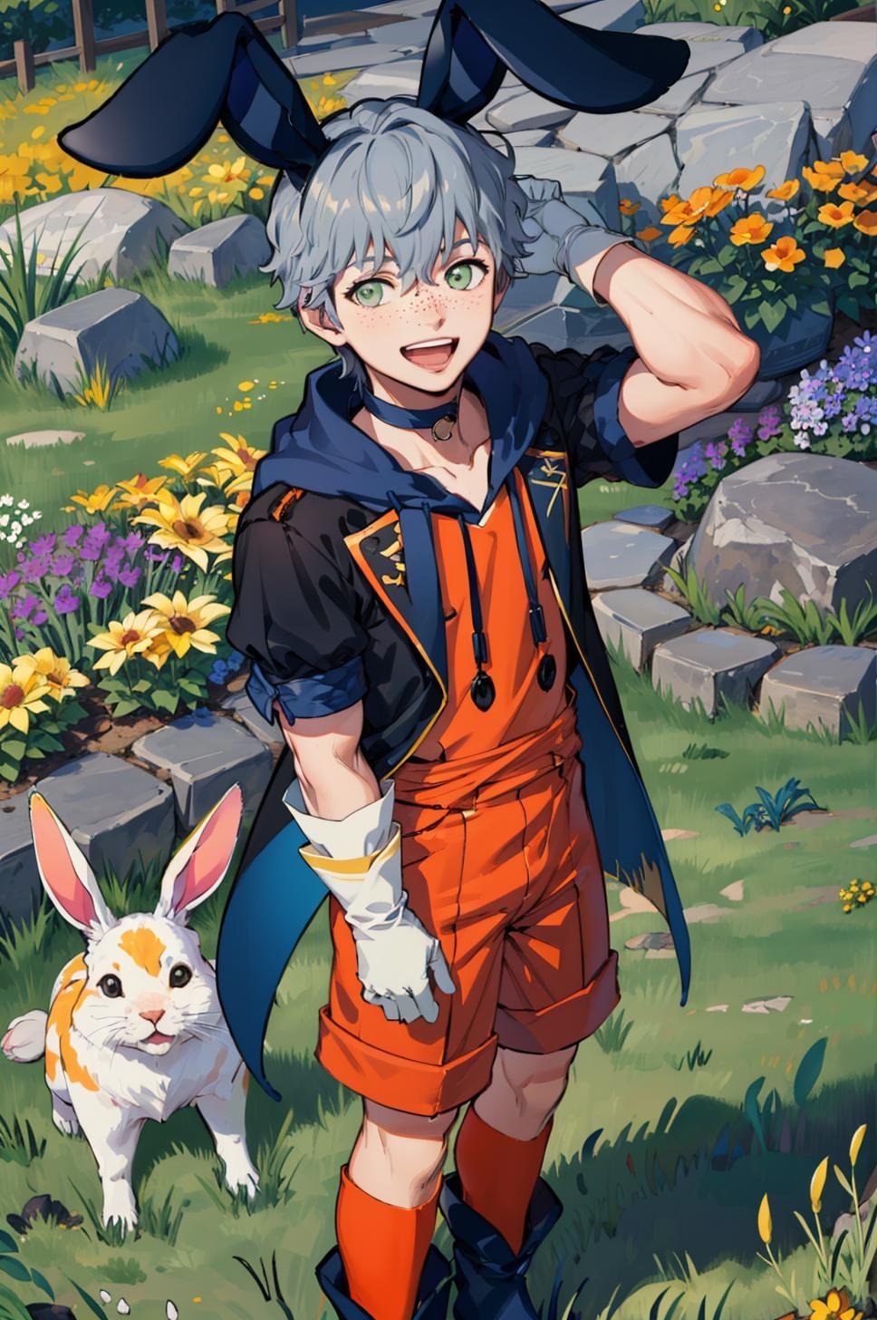 masterpiece, grass, flowers, field, 1boy, cowboy shot, standing, solo, looking at viewer, smile, open mouth, freckles, <lora:AsheFE:0.9> sprAshe, white gloves, blue jacket, fake animal ears, rabbit ears, white shorts, orange bow, puffy short sleeves, flower choker, blue footwear