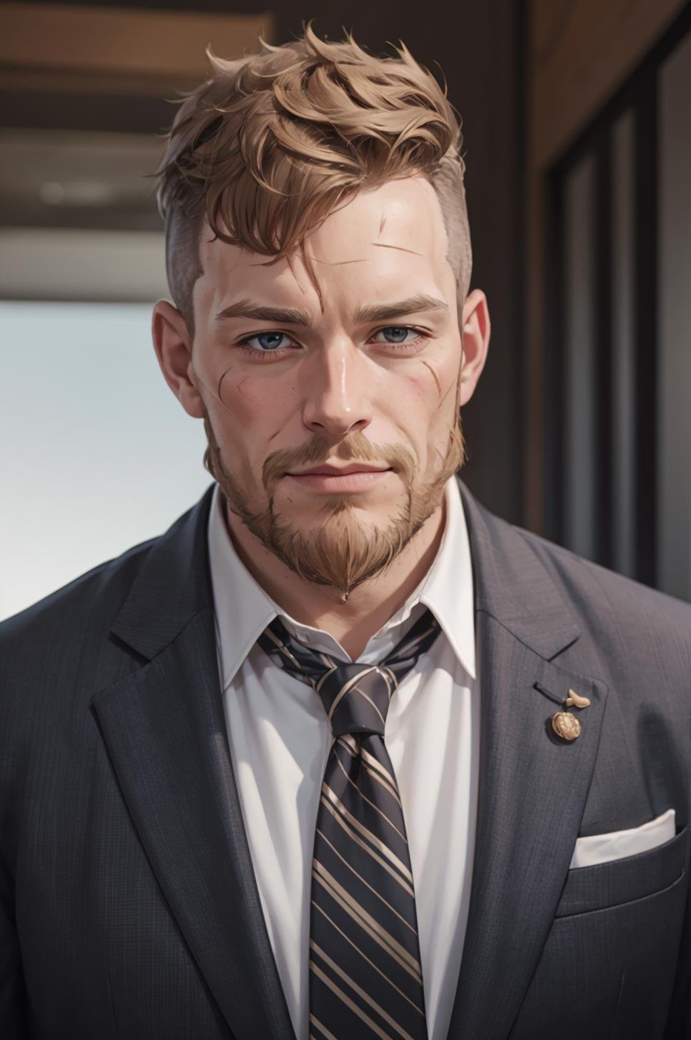 realism, highest quality, 1boy, upper body, solo, looking at viewer, formal, suit jacket, necktie, <lora:JeraltFE3H-bsinky-v1:0.8> jeraltFE, beard, mature male, scar across eye, undercut