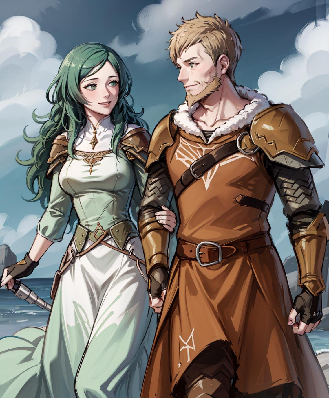 highest quality, sky, cloud, couple, hetero, smile, 1boy, <lora:JeraltFE3H:0.75> jeraltFE, mature male, beard, armor, fingerless gloves, 1girl, <lora:sitri-fe-richy-v1:0.95> sitri, green dress, long sleeves