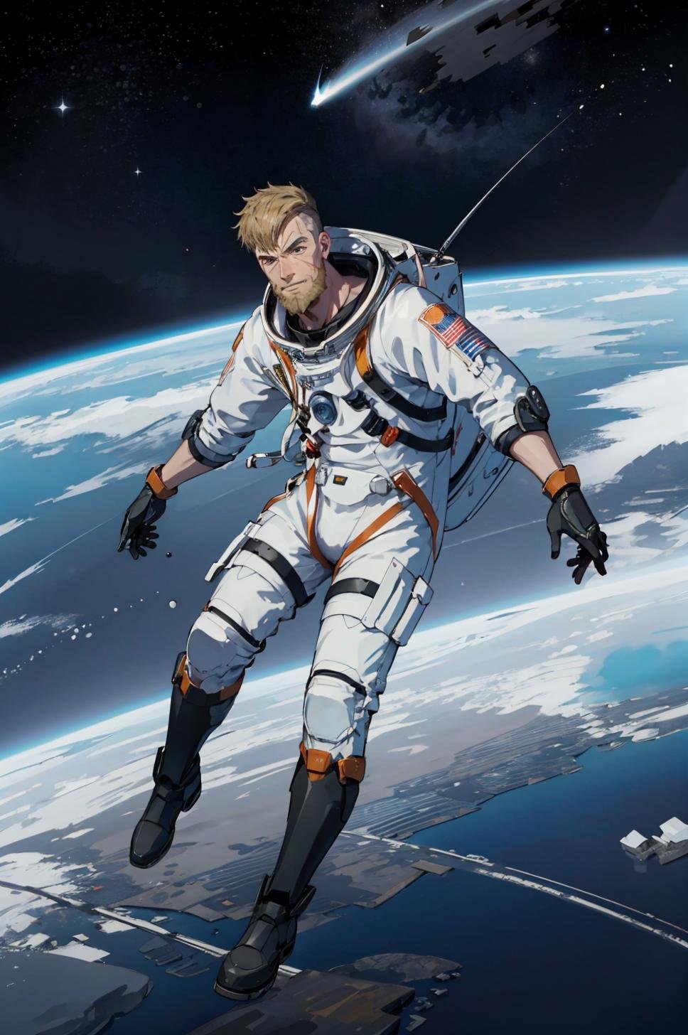 highest quality, stars, night sky, space, 1boy, floating, bent knees, full body, solo, astronaut, space suit, gloves, boots, <lora:JeraltFE3H-bsinky-v1:0.8> jeraltFE, beard, mature male, scar across eye, undercut, muscular, clenched teeth, furrowed brow