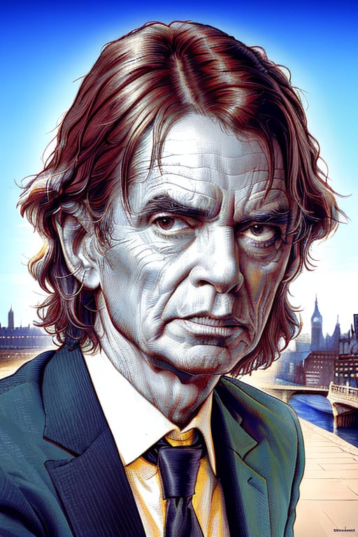 A yellow crosshatching of the full head and face of Mick Jagger with London in the background, partially colored, spot color, monochrome, limited colors, XTCH, portrait, crosshatching,XTCH