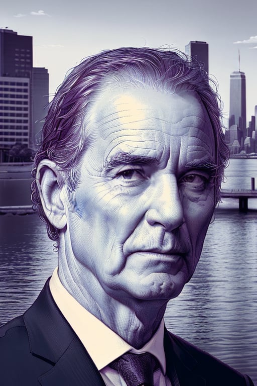 A realistic XTCH crosshatching portrait of the full head and face of Robert Di Nero with the NY Skyline in the background, XTCH