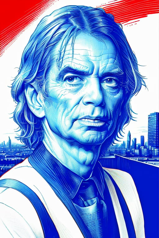 A red crosshatching of the full head and face of Mick Jagger with London in the background, partially colored, spot color, monochrome, blue theme, limited colors, XTCH, portrait, crosshatching