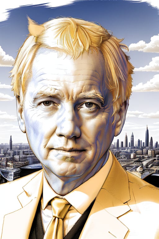 A yellow crosshatching of the full head and face of Boris Johnson with London in the background, partially colored, spot color, monochrome, limited colors, XTCH, portrait, crosshatching,XTCH