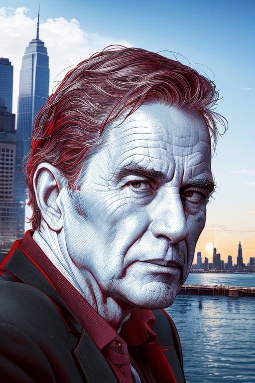 A realistic XTCH crosshatching portrait of the full head and face of Robert Di Nero with the NY Skyline in the background,