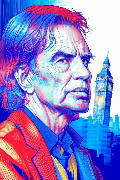 A red crosshatching of the full head and face of Mick Jagger with London in the background, partially colored, spot color, monochrome, blue theme, limited colors, XTCH, portrait, crosshatching,XTCH