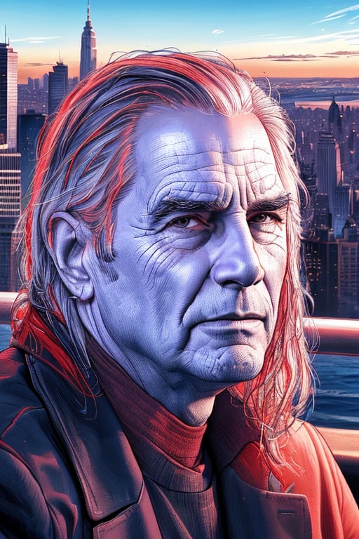 A realistic XTCH crosshatching drawing of the full head and face of Robert Di Nero with the NY Skyline in the background,