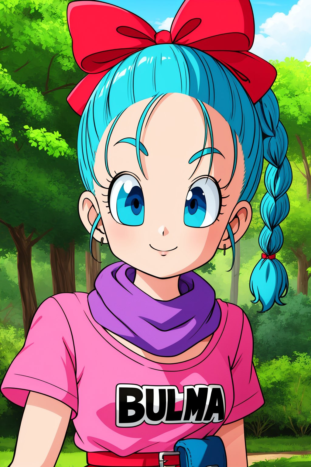 bulma, 1girl, solo, blue eyes, blue hair, aqua hair, single braid, braided ponytail, hair ribbon, red ribbon, hair bow, earrings,short dress, pink dress, vertical-striped dress, short sleeves, belt, clothes writing, purple scarf,smile,closed mouth,upper body,forest,outdoor,(insanely detailed, beautiful detailed face, masterpiece, best quality) cinematic lighting,<lora:DB_Bulma_v1:1>, <lora:more_details:0.3>,