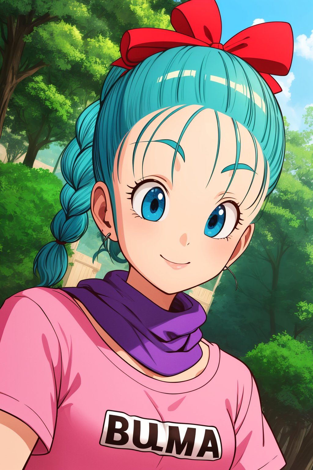 bulma, 1girl, solo, blue eyes, blue hair, aqua hair, single braid, braided ponytail, hair ribbon, red ribbon, hair bow, earrings,short dress, pink dress, vertical-striped dress, short sleeves, belt, clothes writing, purple scarf,smile,closed mouth,upper body,forest,outdoor,(insanely detailed, beautiful detailed face, masterpiece, best quality) cinematic lighting,<lora:DB_Bulma_v1:1>, <lora:more_details:0.3>,