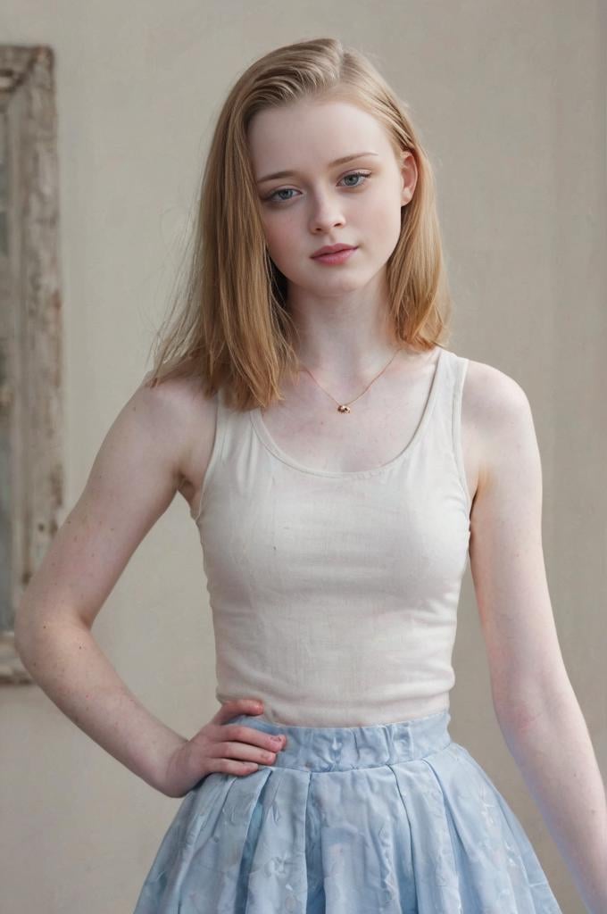 (((Medium close-up portrait,  view))), best quality, ultra high res,prefect anatomy, extremely intricate, 8k uhd, 1girl, (18 year old:1.5)  <lora:Ingda_Doe:1> pale skin, ginger hair,  naughty face, waist portrait <lora:khactu:1> solo, (((light blue see-through skirt))),  stand on bedroom, looking at viewer, blue eyes, seductive smile,  shaved pussy, pussy juice, large puffy areolae, with classic wallpaper and student room decorations with window,  f/1.4, 50mm, depth of field, focus on eyes ,  (((looking at viewer))),  seductive smile, best quality, ultra high res, extremely intricate, 8k uhd, 1girl,solo, indoor, bedroom  elegant-flower:0.3