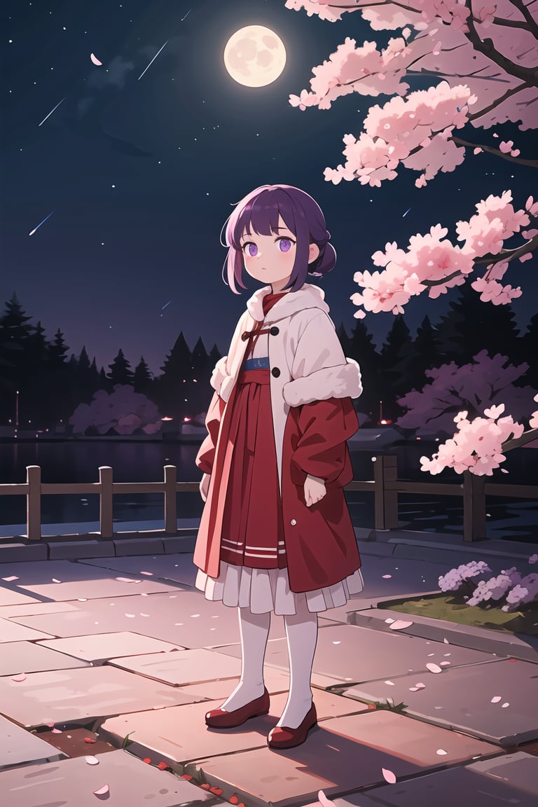 (best quality, 8K, ultra-detailed, masterpiece), (ultra-realistic, photorealistic), A mesmerizing scene featuring a lone girl with enchanting purple eyes, standing against a serene night background. The moon illuminates the surroundings, casting a soft glow on the cherry blossoms in full bloom. The girl is adorned in red fluffy clothes, creating a striking and dreamlike composition.