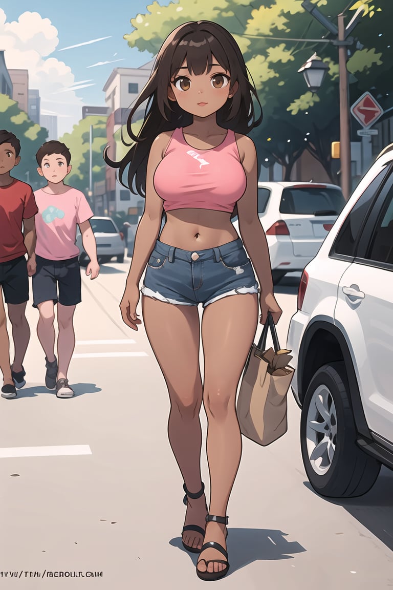 1girl, long hair, breasts, looking at viewer, large breasts, brown hair, shirt, navel, holding, brown eyes, underwear, standing, outdoors, multiple boys, sky, shorts, sleeveless, solo focus, day, midriff, dark skin, lips, crop top, short shorts, black shorts, sandals, denim, web address, denim shorts, pink shirt