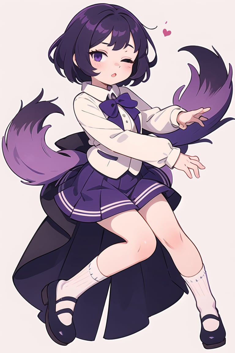 1girl,furry, beautiful detailed eyes,purple eyes,short hair,beautiful detailed lips,skirt,shoes,simple background,one eye closed,socks,full body