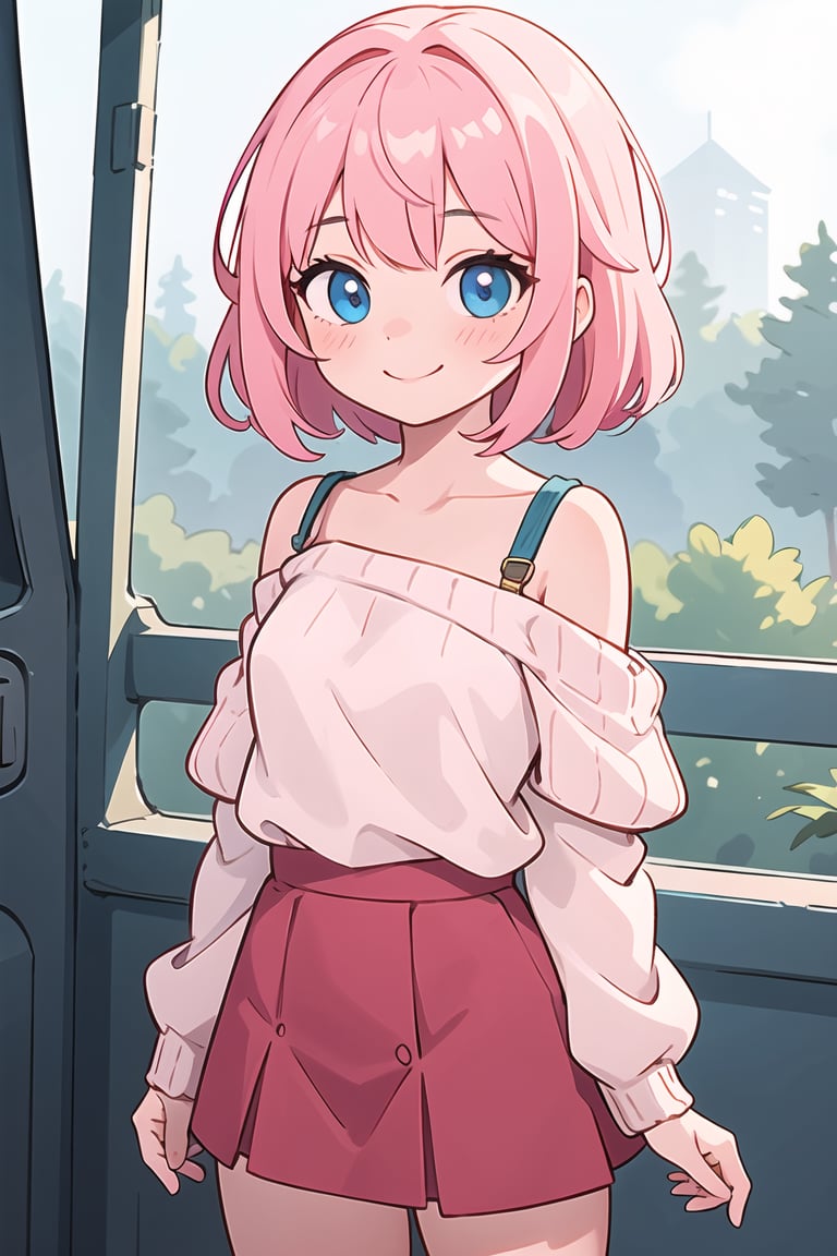 1girl,cowboy shot,outdoors,standing,evil smile,strap sweater,bare shoulders,microskirt,short pink hair,azure eyes,portraits,vivid colors,warm color palette,soft lighting